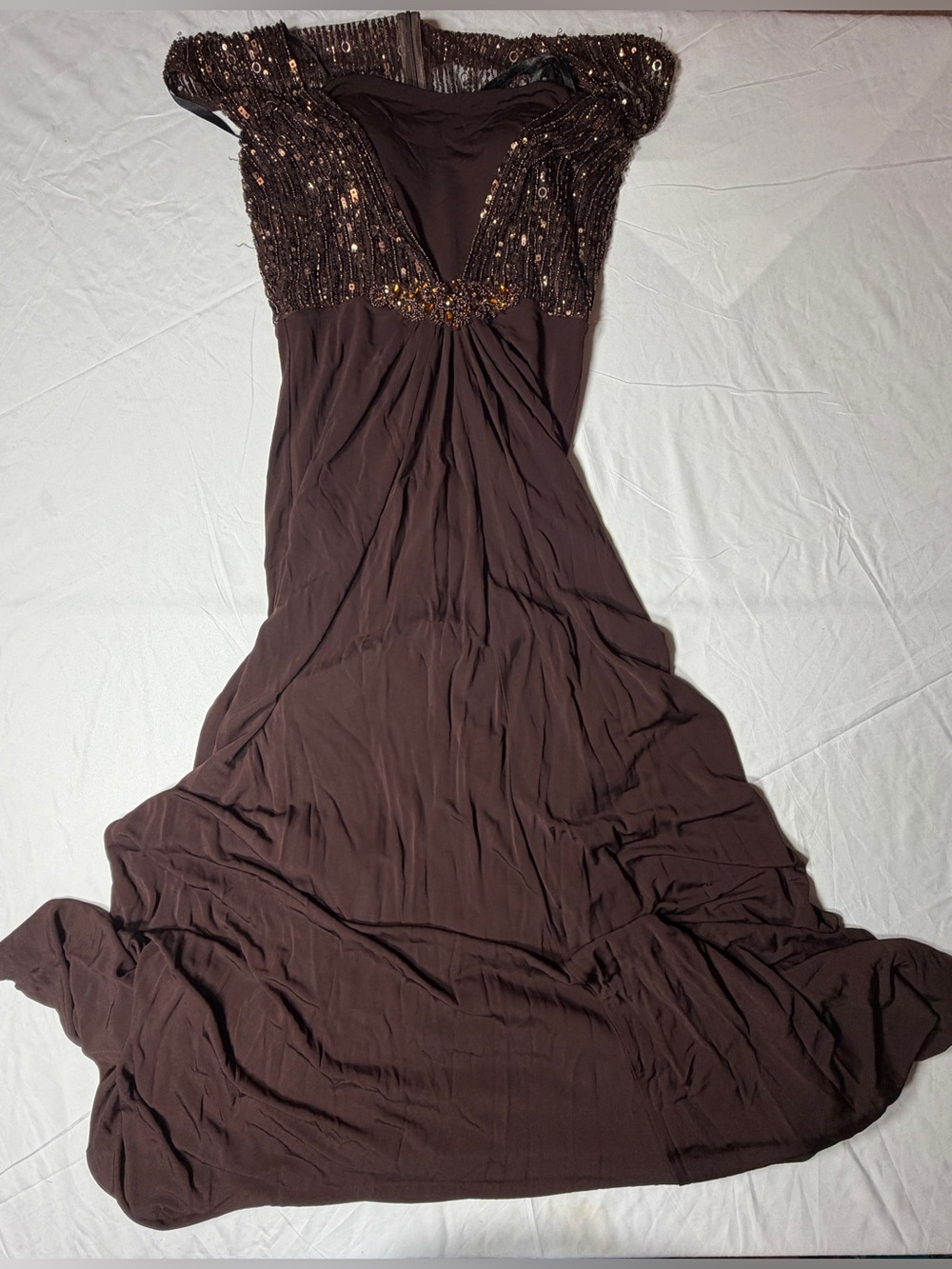 Jovani Chocolate Brown Sequin Embellished V-Neck Evening Gown Maxi Dress Size 6